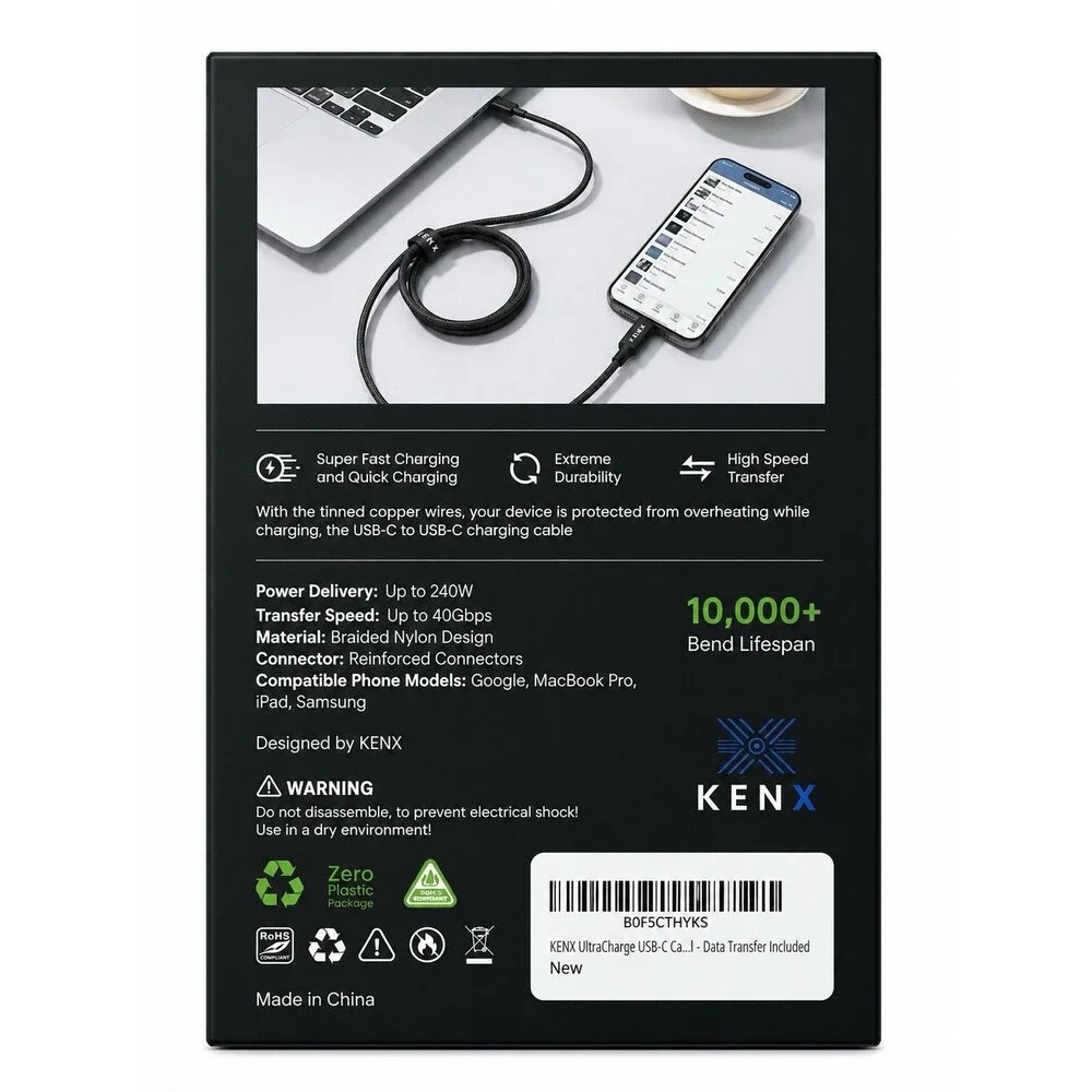 KENX 240W USB-C to USB-C Fast Charging Cable 6ft 5in Braided PD QC 3.0 New